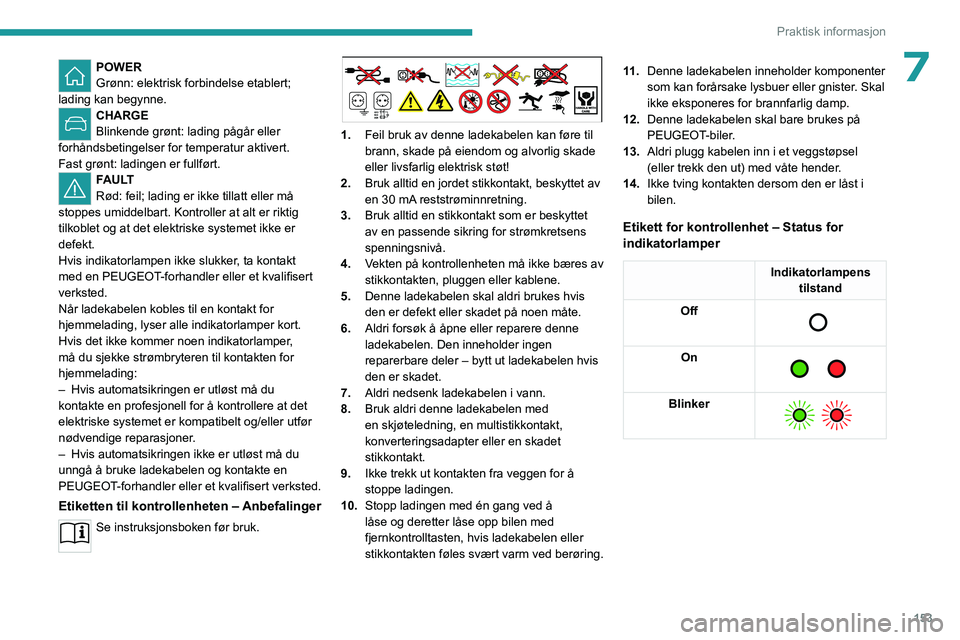 PEUGEOT 308 2022 Instruksjoner for bruk (in Norwegian) 153
Praktisk informasjon
7POWER
Grønn: elektrisk forbindelse etablert;
lading kan begynne.
CHARGE
Blinkende grønt: lading pågår eller
forhåndsbetingelser for temperatur aktivert.
Fast grønt: PEUGEOT 308 2022 Instruksjoner for bruk (in Norwegian) 153
Praktisk informasjon
7POWER
Grønn: elektrisk forbindelse etablert;
lading kan begynne.
CHARGE
Blinkende grønt: lading pågår eller
forhåndsbetingelser for temperatur aktivert.
Fast grønt: