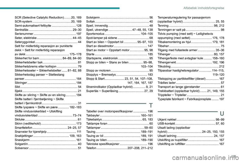 PEUGEOT 308 2022  Instruksjoner for bruk (in Norwegian) 223
Alfabetisk innholdsfortegnelse
SCR (Selective Catalytic Reduction)     20, 169
SCR-system     
20, 169
Semi-automatisert feltbytte
   
128
Sentrallås
    
29–30
Serienummer
    
197
Seter, elek