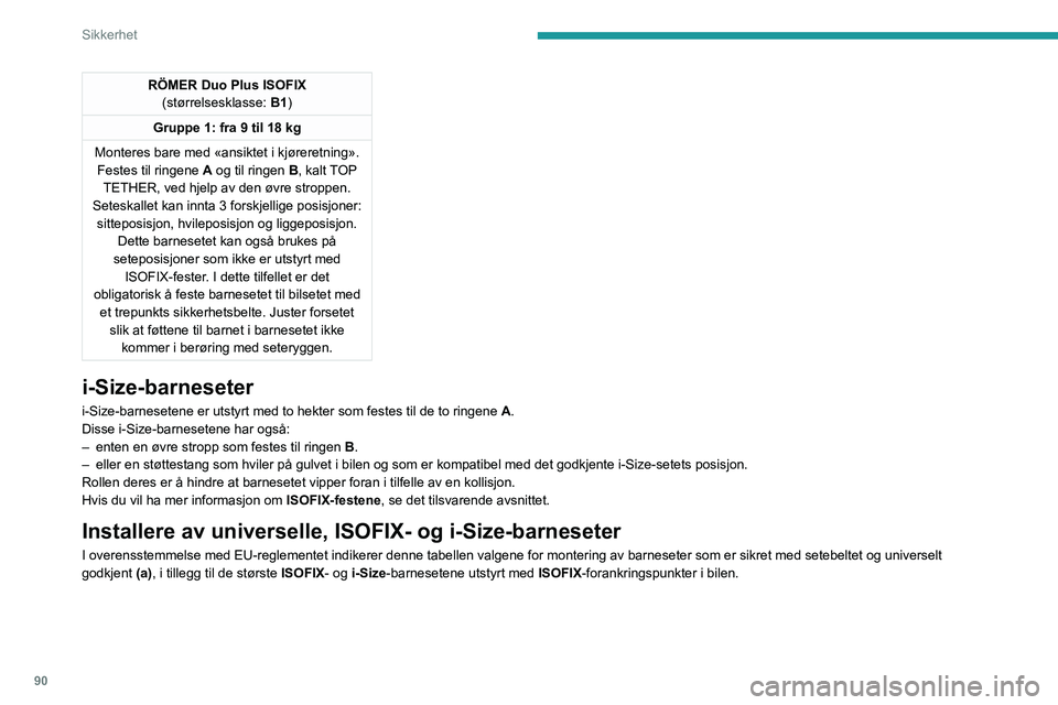 PEUGEOT 308 2022 Instruksjoner for bruk (in Norwegian) 90
Sikkerhet
RÖMER Duo Plus ISOFIX(størrelsesklasse: B1)
Gruppe 1: fra 9 til 18 kg
Monteres bare med «ansiktet i kjøreretning». Festes til ringene A og til ringen B, kalt TOP
TETHER, ved hjelp PEUGEOT 308 2022 Instruksjoner for bruk (in Norwegian) 90
Sikkerhet
RÖMER Duo Plus ISOFIX(størrelsesklasse: B1)
Gruppe 1: fra 9 til 18 kg
Monteres bare med «ansiktet i kjøreretning». Festes til ringene A og til ringen B, kalt TOP
TETHER, ved hjelp