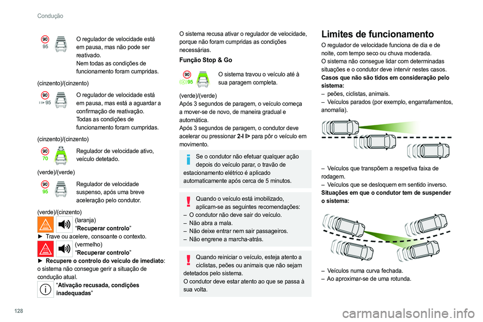 PEUGEOT 308 2022 Manual de utilização (in Portuguese) 128
Condução
O regulador de velocidade está
em pausa, mas não pode ser
reativado.
Nem todas as condições de
funcionamento foram cumpridas.
(cinzento)/(cinzento)
O regulador de velocidade est PEUGEOT 308 2022 Manual de utilização (in Portuguese) 128
Condução
O regulador de velocidade está
em pausa, mas não pode ser
reativado.
Nem todas as condições de
funcionamento foram cumpridas.
(cinzento)/(cinzento)
O regulador de velocidade est