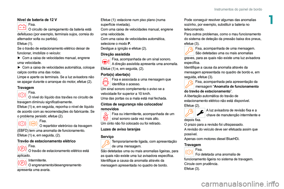 PEUGEOT 308 2022 Manual de utilização (in Portuguese) 13
Instrumentos do painel de bordo
1Nível de bateria de 12 VFixa.O circuito de carregamento da bateria está
defeituoso (por exemplo, terminais sujos, correia do
alternador solta ou partida).
Efetu PEUGEOT 308 2022 Manual de utilização (in Portuguese) 13
Instrumentos do painel de bordo
1Nível de bateria de 12 VFixa.O circuito de carregamento da bateria está
defeituoso (por exemplo, terminais sujos, correia do
alternador solta ou partida).
Efetu