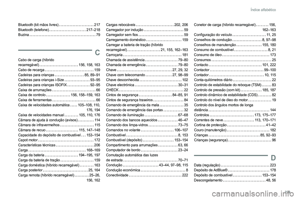 PEUGEOT 308 2022 Manual de utilização (in Portuguese) 229
Índice alfabético
Bluetooth (kit mãos livres) 217
Bluetooth (telefone)
217–218
Buzina
79
C
Cabo de carga (híbrido
recarregável)
156, 158, 163
Cabo de recarga
159
Ca PEUGEOT 308 2022 Manual de utilização (in Portuguese) 229
Índice alfabético
Bluetooth (kit mãos livres) 217
Bluetooth (telefone)
217–218
Buzina
79
C
Cabo de carga (híbrido
recarregável)
156, 158, 163
Cabo de recarga
159
Ca