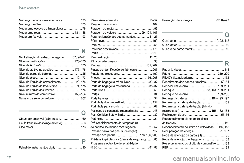 PEUGEOT 308 2022 Manual de utilização (in Portuguese) 232
Índice alfabético
Mudança de faixa semiautomática 133
Mudança de óleo
173
Mudar uma escova do limpa-vidros
76
Mudar uma roda
184, 188
Mudar um fusível
193
N
Neutraliza PEUGEOT 308 2022 Manual de utilização (in Portuguese) 232
Índice alfabético
Mudança de faixa semiautomática 133
Mudança de óleo
173
Mudar uma escova do limpa-vidros
76
Mudar uma roda
184, 188
Mudar um fusível
193
N
Neutraliza