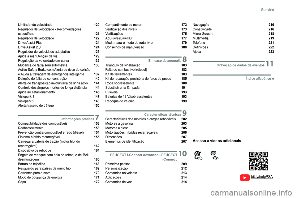 PEUGEOT 308 2022 Manual de utilização (in Portuguese) 3
Sumário
Limitador de velocidade 120
Regulador de velocidade - Recomendações
específicas
121
Regulador de velocidade 122
Drive Assist Plus 124
Drive Assist 2.0 124
Regula PEUGEOT 308 2022 Manual de utilização (in Portuguese) 3
Sumário
Limitador de velocidade 120
Regulador de velocidade - Recomendações
específicas
121
Regulador de velocidade 122
Drive Assist Plus 124
Drive Assist 2.0 124
Regula
