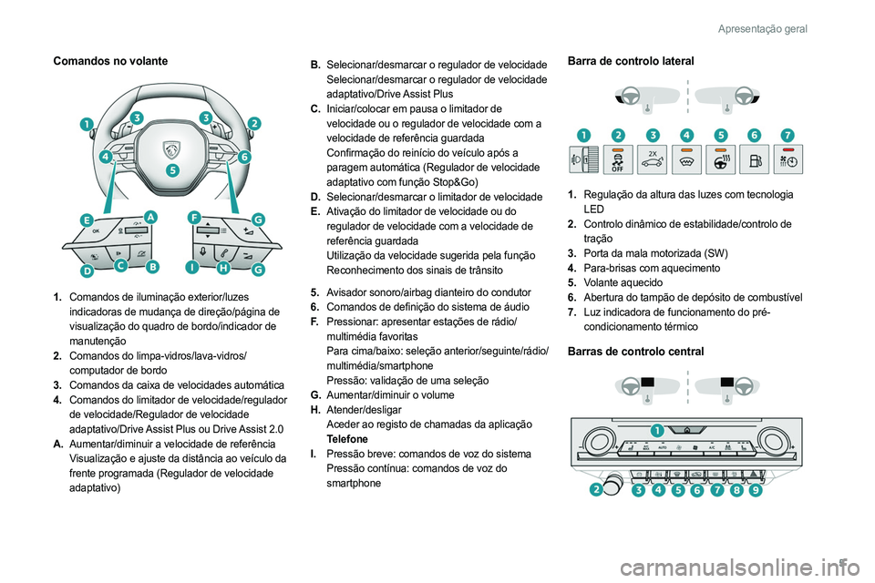 PEUGEOT 308 2022 Manual de utilização (in Portuguese) 5
Apresentação geral
Comandos no volante
1.Comandos de iluminação exterior/luzes
indicadoras de mudança de direção/página de
visualização do quadro de bordo/indicador de
manutenção
2 PEUGEOT 308 2022 Manual de utilização (in Portuguese) 5
Apresentação geral
Comandos no volante
1.Comandos de iluminação exterior/luzes
indicadoras de mudança de direção/página de
visualização do quadro de bordo/indicador de
manutenção
2
