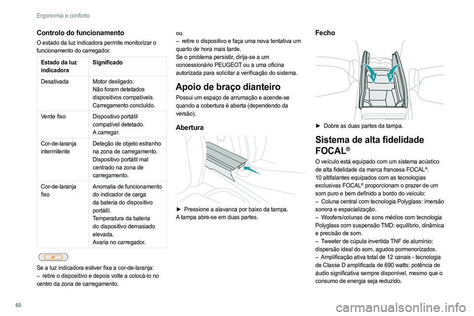 PEUGEOT 308 2022 Manual de utilização (in Portuguese) 60
Ergonomia e conforto
Controlo do funcionamento
O estado da luz indicadora permite monitorizar o
funcionamento do carregador.
Estado da luz
indicadoraSignificado
Desativada Motor desligado.
Não f PEUGEOT 308 2022 Manual de utilização (in Portuguese) 60
Ergonomia e conforto
Controlo do funcionamento
O estado da luz indicadora permite monitorizar o
funcionamento do carregador.
Estado da luz
indicadoraSignificado
Desativada Motor desligado.
Não f