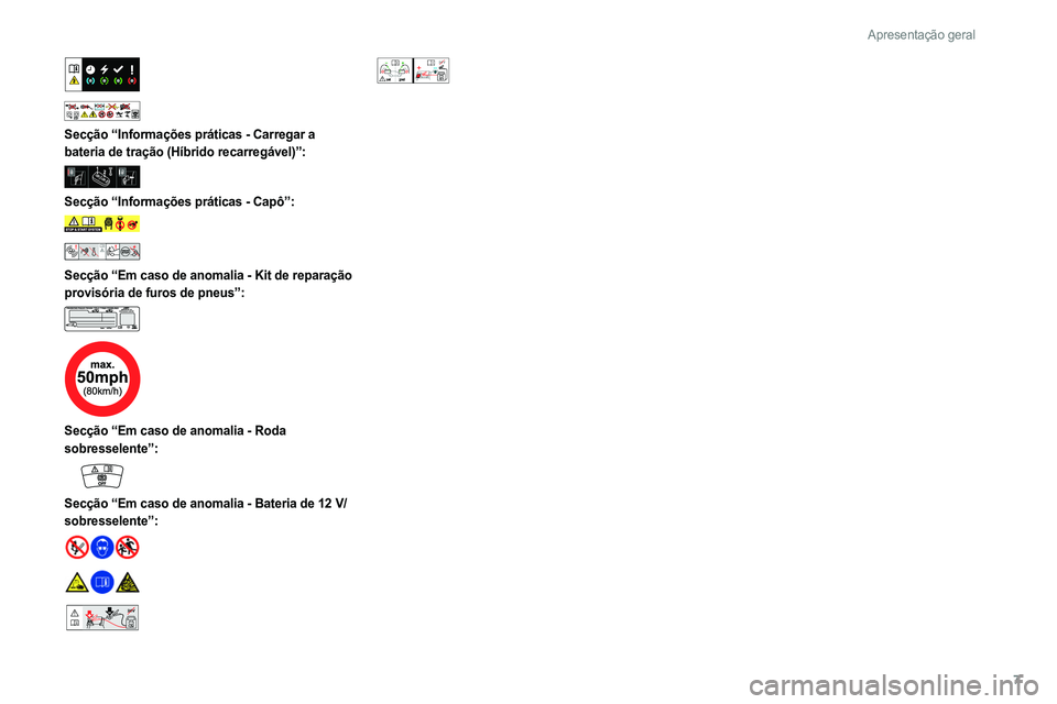 PEUGEOT 308 2022 Manual de utilização (in Portuguese) 7
Apresentação geral
Secção “Informações práticas - Carregar a
bateria de tração (Híbrido recarregável)”:
Secção “Informações práticas - Capô”:
Secção “Em PEUGEOT 308 2022 Manual de utilização (in Portuguese) 7
Apresentação geral
Secção “Informações práticas - Carregar a
bateria de tração (Híbrido recarregável)”:
Secção “Informações práticas - Capô”:
Secção “Em