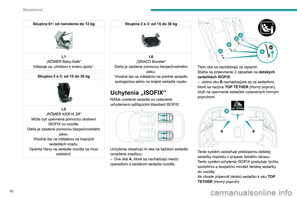 PEUGEOT 308 2022 Návod na použitie (in Slovakian) 96
Bezpečnosť
Skupina 0+: od narodenia do 13 kg
L1
„RÖMER Baby-Safe“
Inštaluje sa „chrbtom k
smeru jazdy“.
Skupina 2 a 3: od 15 do 36 kg
L5
„RÖMER KIDFIX 2R“
Môže byť upevn PEUGEOT 308 2022 Návod na použitie (in Slovakian) 96
Bezpečnosť
Skupina 0+: od narodenia do 13 kg
L1
„RÖMER Baby-Safe“
Inštaluje sa „chrbtom k
smeru jazdy“.
Skupina 2 a 3: od 15 do 36 kg
L5
„RÖMER KIDFIX 2R“
Môže byť upevn