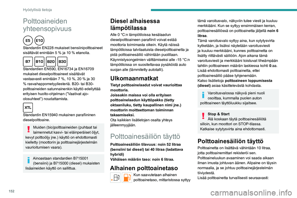 PEUGEOT 308 2022  Omistajan Käsikirja (in Finnish) 152
Hyödyllisiä tietoja
Polttoaineiden 
yhteensopivuus
  
Standardin EN228 mukaiset bensiinipolttoaineet 
sisältävät enintään 5 % ja 10 % etanolia.
  
Standardien EN590, EN16734 ja EN16709 
muk