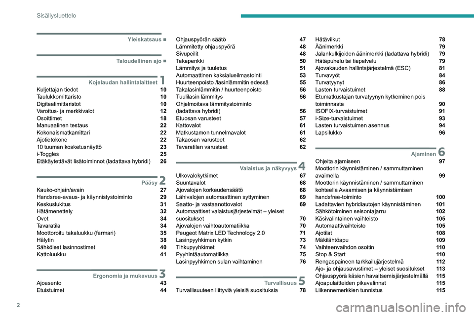 PEUGEOT 308 2022  Omistajan Käsikirja (in Finnish) 2
Sisällysluettelo
  ■
Yleiskatsaus
  ■
Taloudellinen ajo
 1Kojelaudan hallintalaitteetKuljettajan tiedot  10
Taulukkomittaristo  10
Digitaalimittaristot  10
Varoitus- ja merkkivalot  12
Osoi