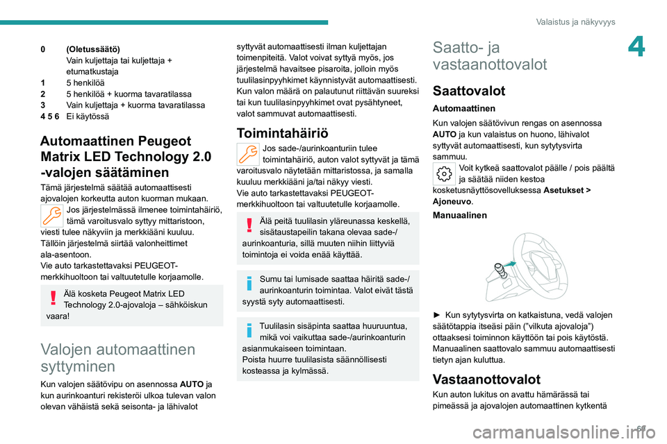 PEUGEOT 308 2022 Omistajan Käsikirja (in Finnish) 69
Valaistus ja näkyvyys
40 (Oletussäätö)Vain kuljettaja tai kuljettaja +
etumatkustaja
1 5 henkilöä
2 5 henkilöä + kuorma tavaratilassa
3 Vain kuljettaja + kuorma tavaratilassa
4 5 6 Ei käy PEUGEOT 308 2022 Omistajan Käsikirja (in Finnish) 69
Valaistus ja näkyvyys
40 (Oletussäätö)Vain kuljettaja tai kuljettaja +
etumatkustaja
1 5 henkilöä
2 5 henkilöä + kuorma tavaratilassa
3 Vain kuljettaja + kuorma tavaratilassa
4 5 6 Ei käy