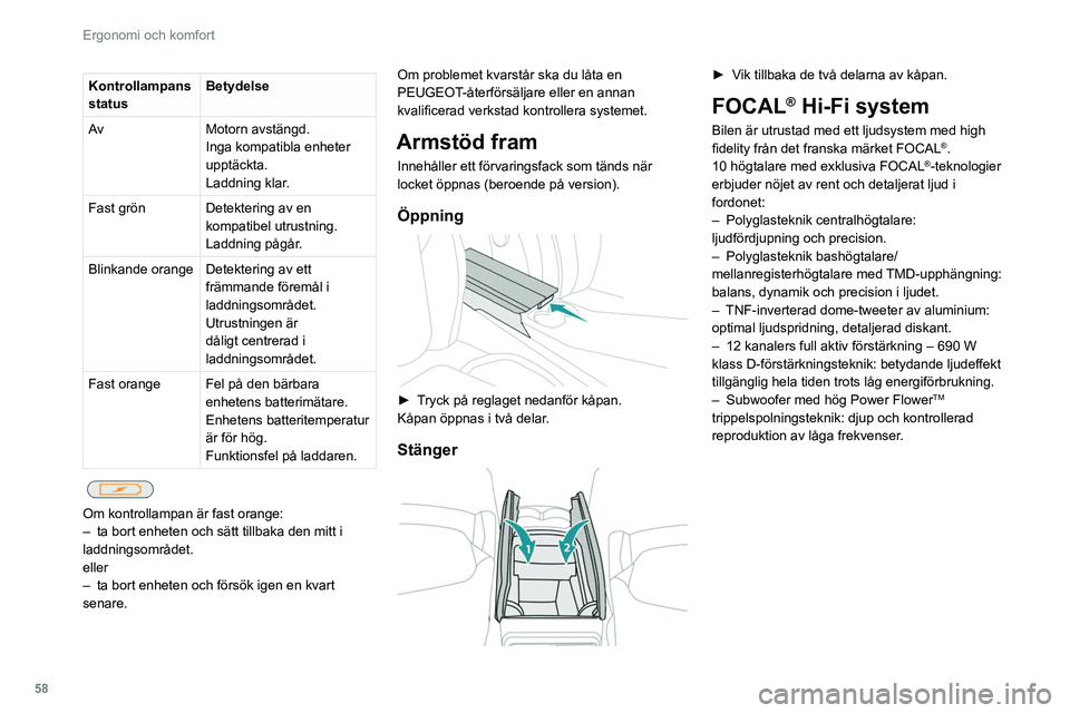 PEUGEOT 308 2022  Bruksanvisningar (in Swedish) 58
Ergonomi och komfort
Kontrollampans 
statusBetydelse
Av Motorn avstängd.
Inga kompatibla enheter 
upptäckta.
Laddning klar.
Fast grön Detektering av en  kompatibel utrustning.
Laddning pågår.
