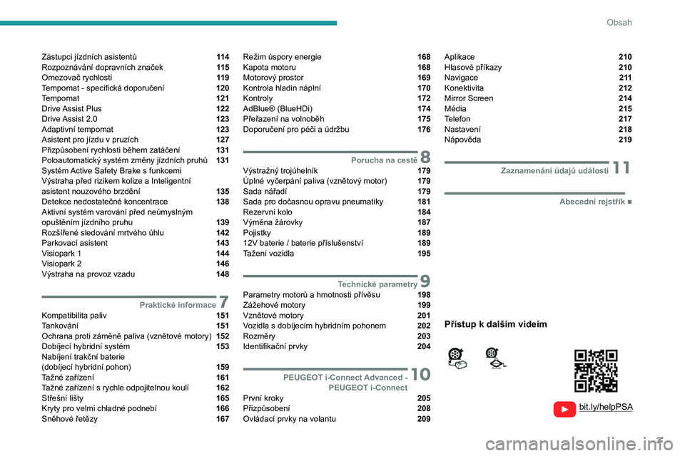 PEUGEOT 308 2022  Návod na použití (in Czech) 3
Obsah
  
  
 
 
 
 
Zástupci jízdních asistentů  11 4
Rozpoznávání dopravních značek  11 5
Omezovač rychlosti  11 9
Tempomat - specifická doporučení  120
Tempomat  121
Drive Assist Plus