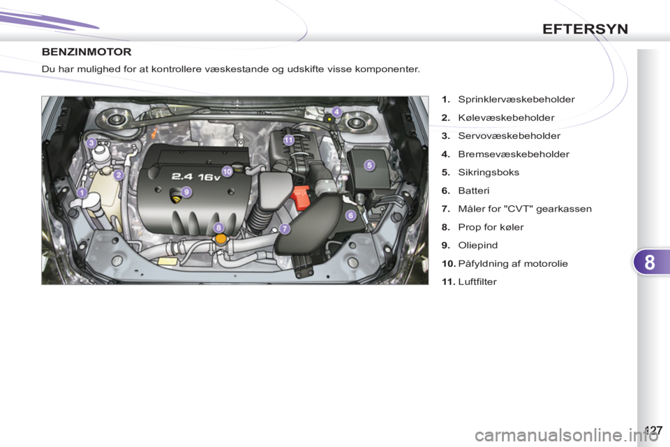 PEUGEOT 4007 2012  Brugsanvisning (in Danish) 8
EFTERSYN
BENZINMOTOR
   
 
1. 
 Sprinklervæskebeholder 
   
2. 
 Kølevæskebeholder 
   
3. 
 Servovæskebeholder 
   
4. 
 Bremsevæskebeholder 
   
5. 
 Sikringsboks 
   
6. 
 Batteri 
   
7. 
 