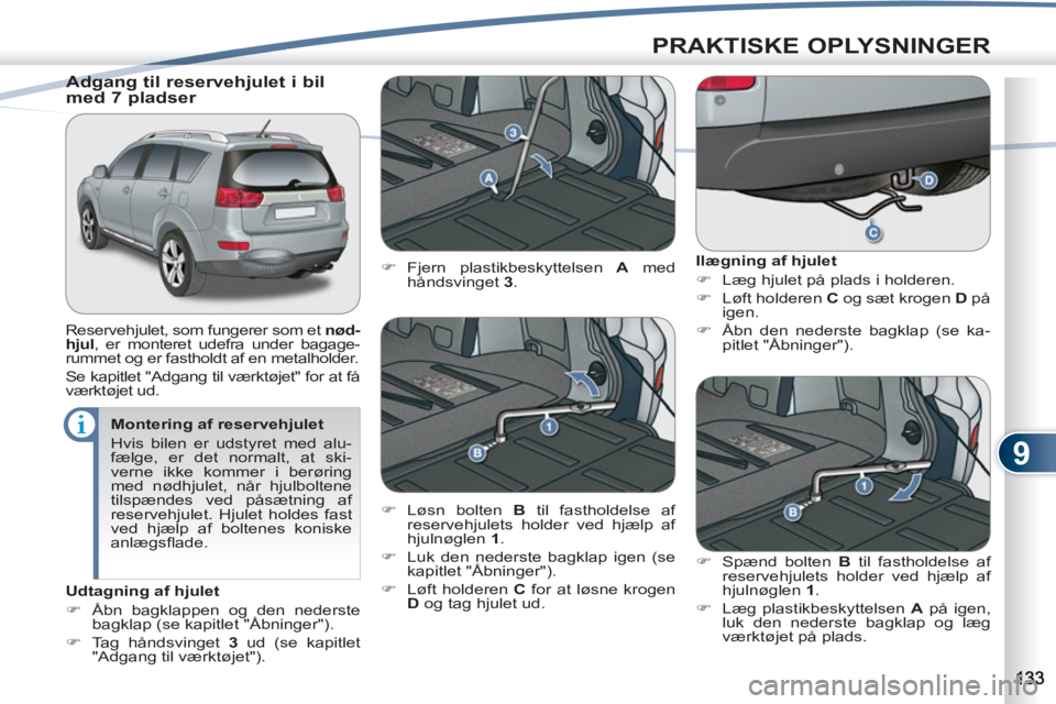 PEUGEOT 4007 2012  Brugsanvisning (in Danish) 9
PRAKTISKE OPLYSNINGER
   
Montering af reservehjulet 
  Hvis bilen er udstyret med alu-
fælge, er det normalt, at ski-
verne ikke kommer i berøring 
med nødhjulet, når hjulboltene 
tilspændes v
