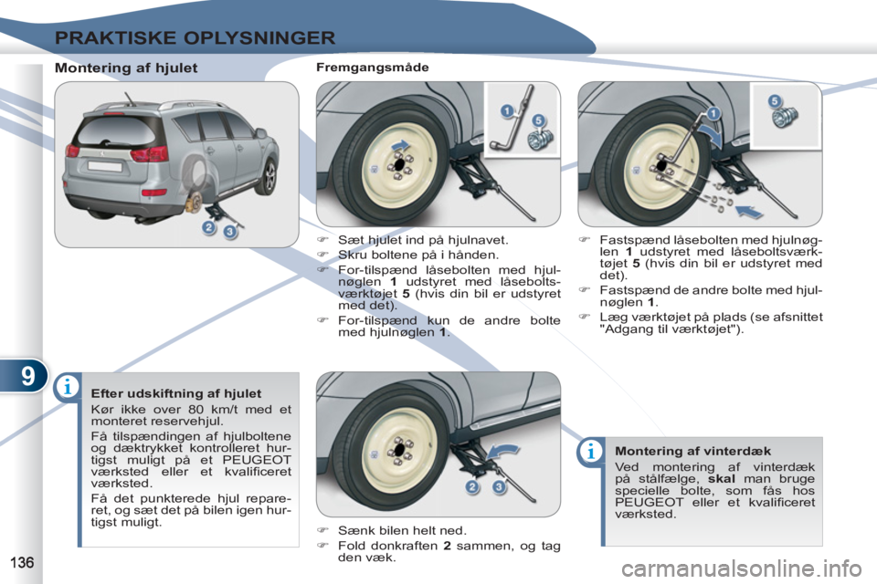 PEUGEOT 4007 2012  Brugsanvisning (in Danish) 9
PRAKTISKE OPLYSNINGER
   
Efter udskiftning af hjulet 
  Kør ikke over 80 km/t med et 
monteret reservehjul. 
  Få tilspændingen af hjulboltene 
og dæktrykket kontrolleret hur-
tigst muligt på 