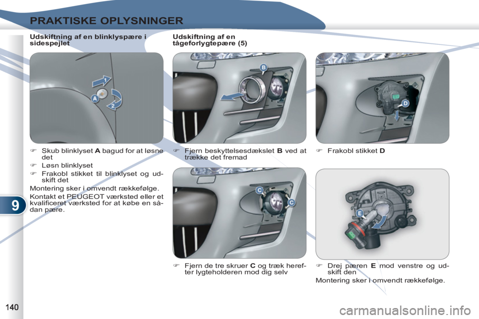 PEUGEOT 4007 2012  Brugsanvisning (in Danish) 9
PRAKTISKE OPLYSNINGER
   
 
�) 
  Skub blinklyset  A 
 bagud for at løsne 
det 
   
�) 
 Løsn blinklyset 
   
�) 
  Frakobl stikket til blinklyset og ud-
skift det  
  Montering sker i omvendt ræ