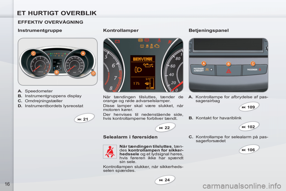 PEUGEOT 4007 2012  Brugsanvisning (in Danish) ET HURTIGT OVERBLIK
16
   
EFFEKTIV OVERVÅGNING  
   
Instrumentgruppe   
Betjeningspanel 
 
Når tændingen tilsluttes, tænder de 
orange og røde advarselslamper. 
  Disse lamper skal være slukke
