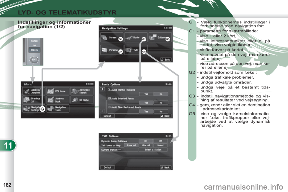 PEUGEOT 4007 2012 Brugsanvisning (in Danish) 11
LYD- OG TELEMATIKUDSTYR
Indstillinger og informationer
for navigation (1/2) G - Vælg funktionernes indstillinger i
forbindelse med navigation for:
G1 - parametre for skærmbillede: PEUGEOT 4007 2012 Brugsanvisning (in Danish) 11
LYD- OG TELEMATIKUDSTYR
Indstillinger og informationer
for navigation (1/2) G - Vælg funktionernes indstillinger i
forbindelse med navigation for:
G1 - parametre for skærmbillede: