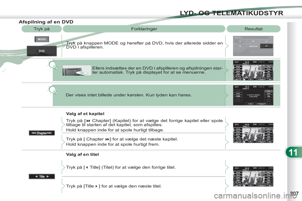 PEUGEOT 4007 2012  Brugsanvisning (in Danish) 11
LYD- OG TELEMATIKUDSTYR
   
 
 
 
 
 
 
 
 
 
 
 
 
 
 
Afspilning af en DVD 
 
Resultat   
Forklaringer 
   
Valg af et kapitel    Tryk på knappen MODE og herefter på DVD, hvis der allerede sidd
