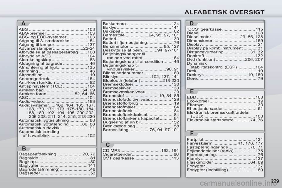 PEUGEOT 4007 2012  Brugsanvisning (in Danish) ALFABETISK OVERSIGT
A
ABS .............................................. 103
ABS-bremser ................................ 103
ABS- og EBD-systemer ................ 103
Adgang til 3. sæderække.......