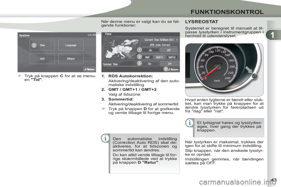 PEUGEOT 4007 2012  Brugsanvisning (in Danish) 1
FUNKTIONSKONTROL
   
 
1.   RDS Autokorrektion:    
  Aktivering/deaktivering af den auto-
matiske indstilling 
   
2.   GMT / GMT+1 / GMT+2    
  Valg af tidszone 
   
3.   Sommertid:    
 Aktiveri