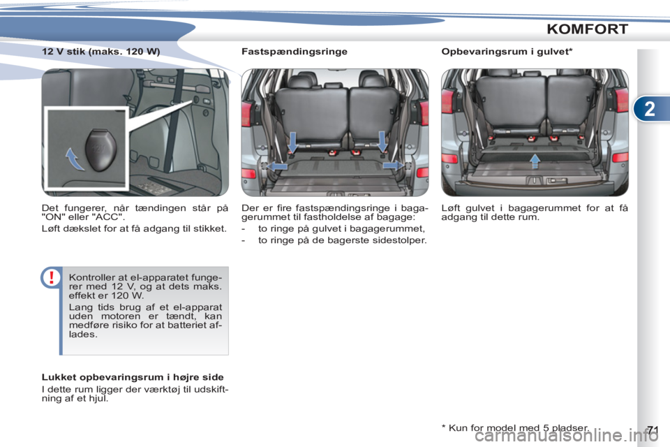 PEUGEOT 4007 2012  Brugsanvisning (in Danish) 2
KOMFORT
   
 
 
 
 
 
 
Fastspændingsringe 
  Der er ﬁ re fastspændingsringe i baga-
gerummet til fastholdelse af bagage: 
   
 
-   to ringe på gulvet i bagagerummet, 
   
-   to ringe på de 