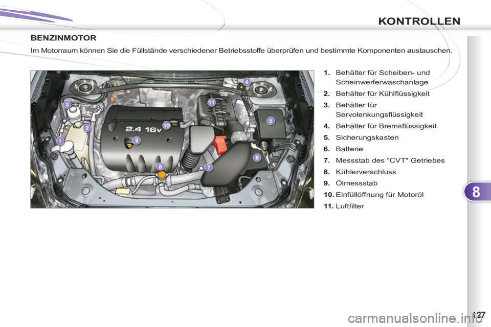 PEUGEOT 4007 2012  Betriebsanleitungen (in German) 8
KONTROLLEN
BENZINMOTOR
   
 
1. 
  Behälter für Scheiben- und 
Scheinwerferwaschanlage 
   
2. 
  Behälter für Kühlﬂ üssigkeit 
   
3. 
 Behälter für 
Servolenkungsﬂ üssigkeit 
   
4. 
