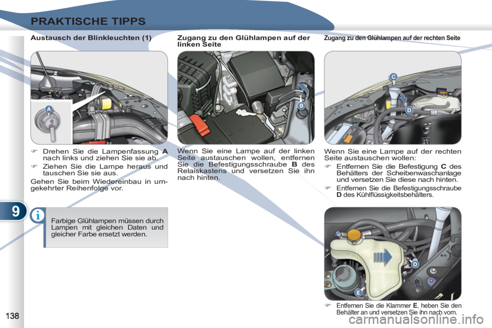 PEUGEOT 4007 2012  Betriebsanleitungen (in German) 9
PRAKTISCHE TIPPS
   
Austausch der Blinkleuchten (1) 
 
Farbige Glühlampen müssen durch 
Lampen mit gleichen Daten und 
gleicher Farbe ersetzt werden.  
 
 
 
�) 
  Drehen Sie die Lampenfassung  A
