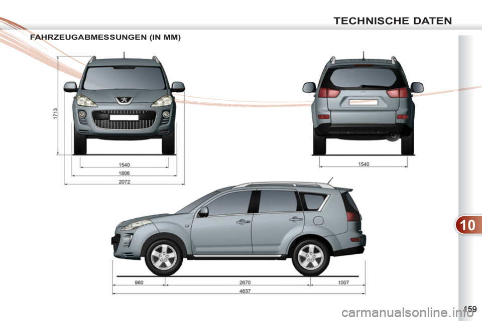 PEUGEOT 4007 2012  Betriebsanleitungen (in German) 10
TECHNISCHE DATEN
FAHRZEUGABMESSUNGEN (IN MM)FA H 