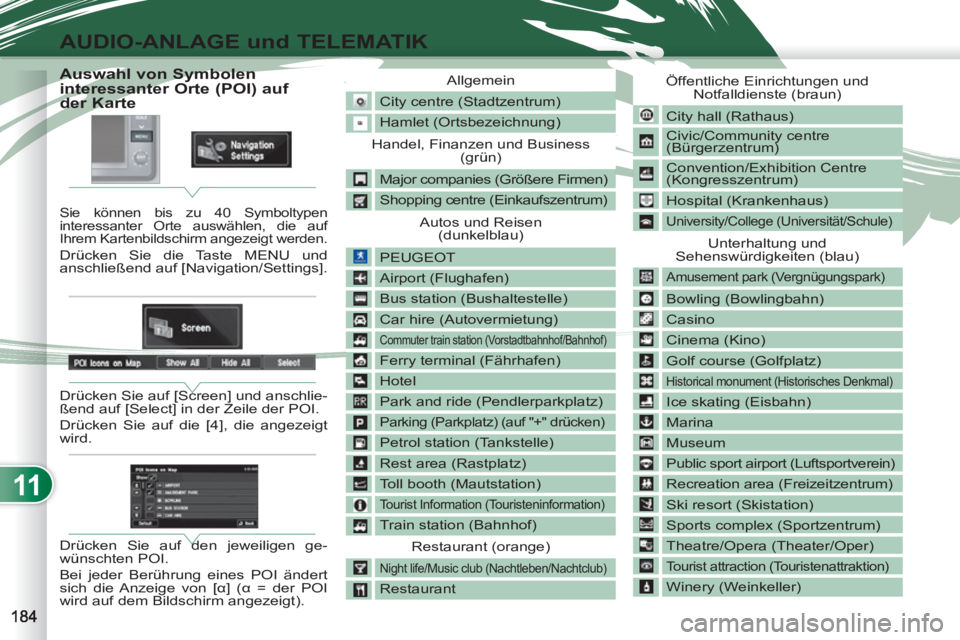 PEUGEOT 4007 2012  Betriebsanleitungen (in German) 11
AUDIO-ANLAGE und TELEMATIK
   
 
 
 
 
 
 
 
 
 
 
 
 
 
 
 
 
 
 
 
 
 
 
 
Auswahl von Symbolen 
interessanter Orte (POI) auf 
der Karte 
  Sie können bis zu 40 Symboltypen 
interessanter Orte a