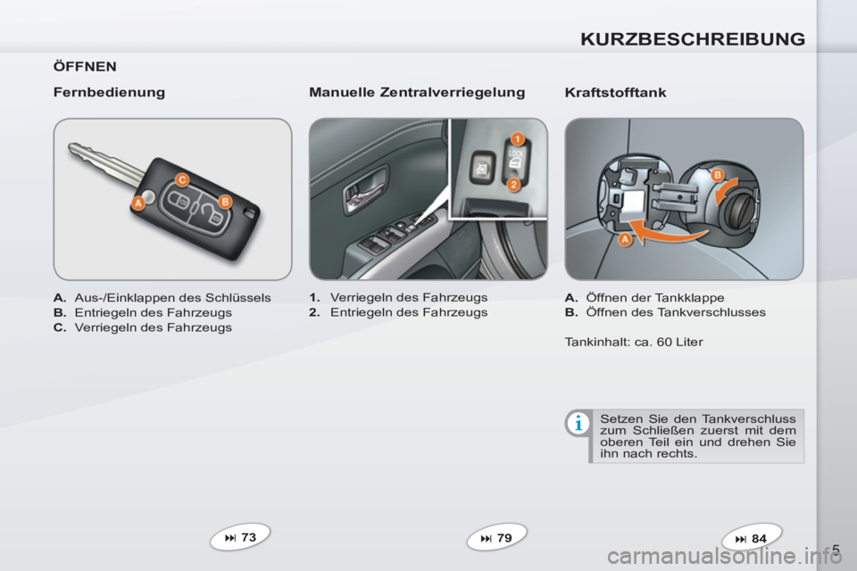 PEUGEOT 4007 2012  Betriebsanleitungen (in German) KURZBESCHREIBUNG
5
   
Kraftstofftank 
 
 
 
A. 
 Öffnen der Tankklappe 
   
B. 
 Öffnen des Tankverschlusses  
   
 
� 
 84  
     
 
1. 
  Verriegeln des Fahrzeugs 
   
2. 
  Entriegeln des Fahrz