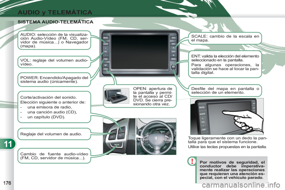 PEUGEOT 4007 2012  Manual del propietario (in Spanish) 11
AUDIO y TELEMÁTICA
   
AUDIO: selección de la visualiza-
ción Audio-Vídeo (FM, CD, ser-
vidor de música...) o Navegador 
(mapa).  
   
VOL: reglaje del volumen audio-
vídeo.  
   
OPEN: apert