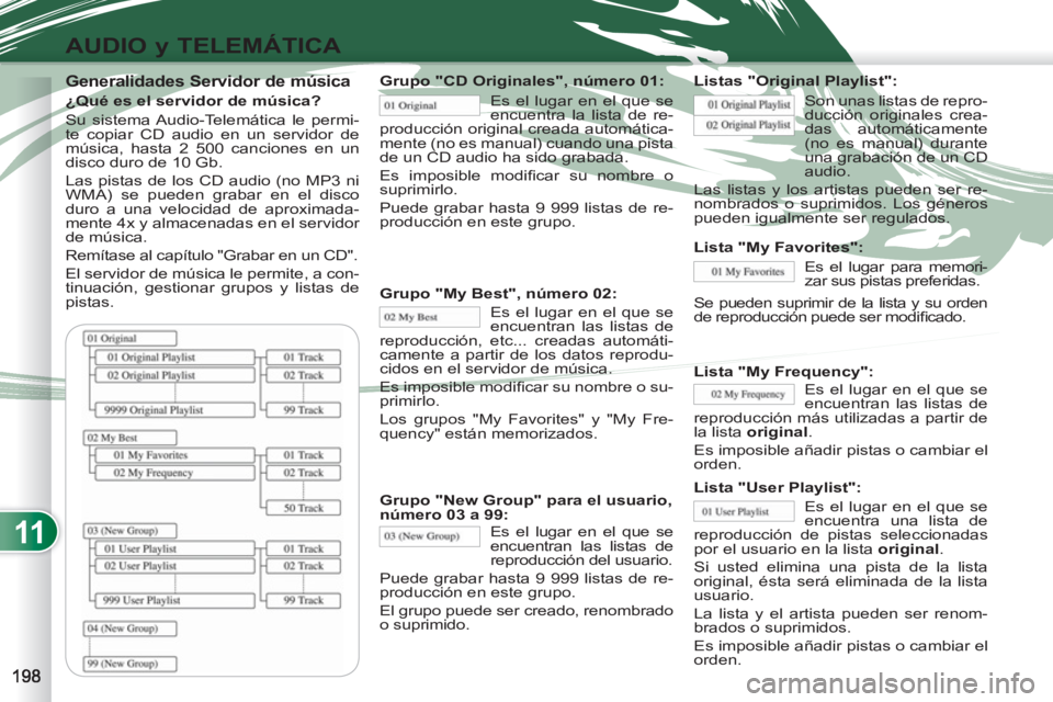 PEUGEOT 4007 2012  Manual del propietario (in Spanish) 11
AUDIO y TELEMÁTICA
   
Generalidades Servidor de música 
 
 
¿Qué es el servidor de música? 
  Su sistema Audio-Telemática le permi-
te copiar CD audio en un servidor de 
música, hasta 2 500