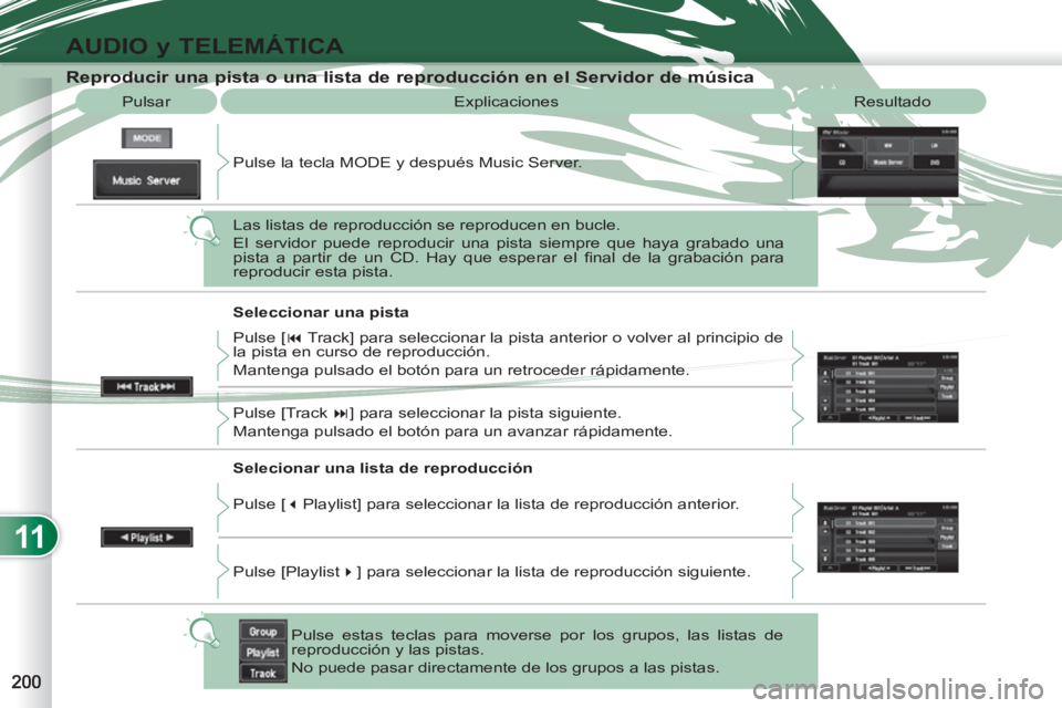 PEUGEOT 4007 2012 Manual del propietario (in Spanish) 11
AUDIO y TELEMÁTICA
Explicaciones Resultado
Reproducir una pista o una lista de reproducción en el Servidor de música
Pulsar
Pulse la tecla MODE y despu PEUGEOT 4007 2012 Manual del propietario (in Spanish) 11
AUDIO y TELEMÁTICA
Explicaciones Resultado
Reproducir una pista o una lista de reproducción en el Servidor de música
Pulsar
Pulse la tecla MODE y despu
