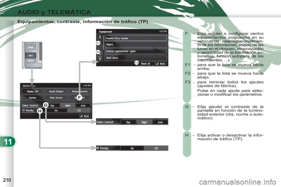 PEUGEOT 4007 2012 Manual del propietario (in Spanish) 11
AUDIO y TELEMÁTICA
Equipamientos, contraste, información de tráfico (TP)
F - Elija regular o confi gurar ciertos
equipamientos propuestos en su
vehículo (ej.: despliegue/abatimien-t PEUGEOT 4007 2012 Manual del propietario (in Spanish) 11
AUDIO y TELEMÁTICA
Equipamientos, contraste, información de tráfico (TP)
F - Elija regular o confi gurar ciertos
equipamientos propuestos en su
vehículo (ej.: despliegue/abatimien-t