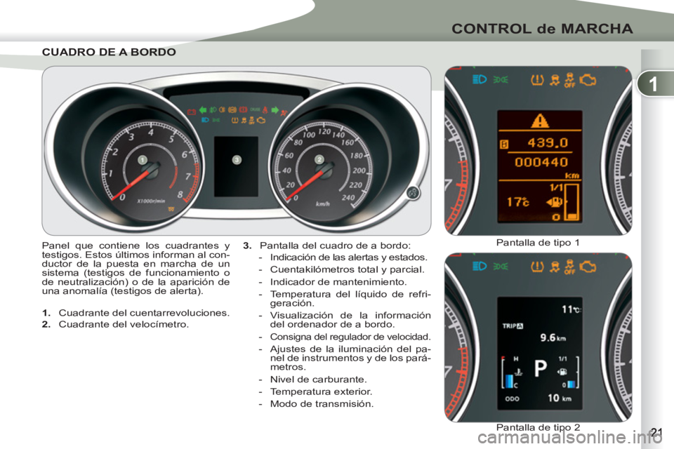 PEUGEOT 4007 2012 Manual del propietario (in Spanish) 1
CONTROL de MARCHA
CUADRO DE A BORCUADRO DE A BORDO
3.
Pantalla del cuadro de a bordo:
- Indicación de las alertas y estados.
- Cuentakilómetros total y parcial.
- Ind PEUGEOT 4007 2012 Manual del propietario (in Spanish) 1
CONTROL de MARCHA
CUADRO DE A BORCUADRO DE A BORDO
3.
Pantalla del cuadro de a bordo:
- Indicación de las alertas y estados.
- Cuentakilómetros total y parcial.
- Ind