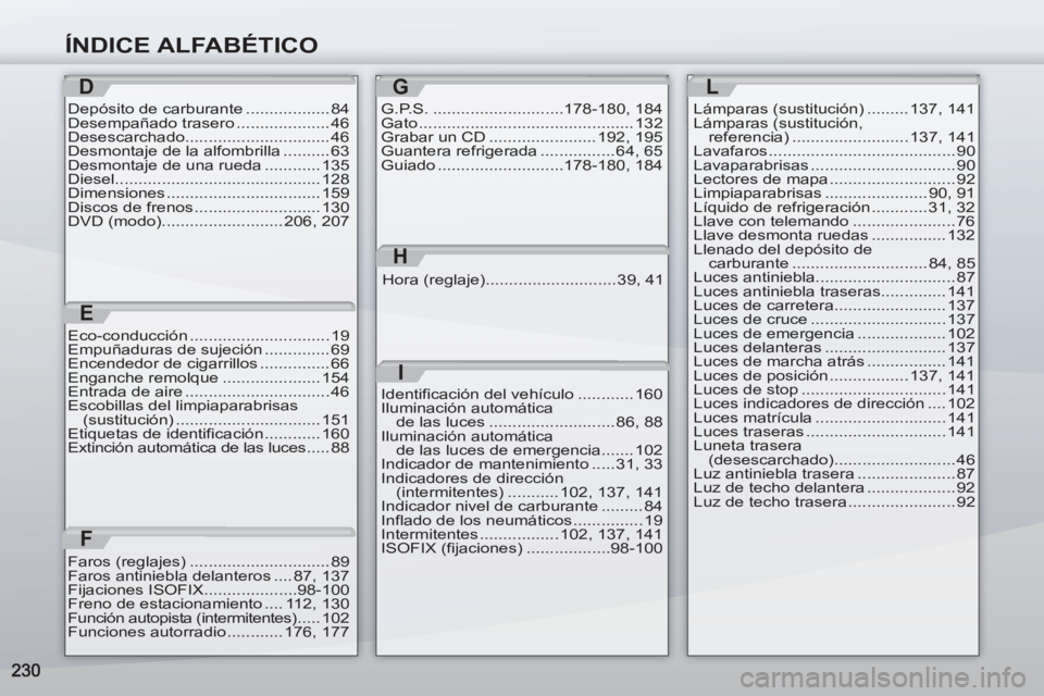 PEUGEOT 4007 2012 Manual del propietario (in Spanish) ÍNDICE ALFABÉTICO
D
Depósito de carburante .................. 84
Desempañado trasero .................... 46
Desescarchado............................... 46
Desmontaje de la alfombrilla .......... PEUGEOT 4007 2012 Manual del propietario (in Spanish) ÍNDICE ALFABÉTICO
D
Depósito de carburante .................. 84
Desempañado trasero .................... 46
Desescarchado............................... 46
Desmontaje de la alfombrilla ..........