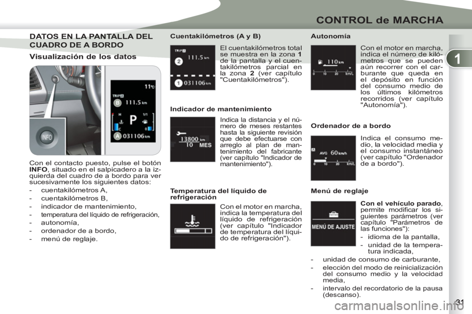 PEUGEOT 4007 2012 Manual del propietario (in Spanish) 1
CONTROL de MARCHA
El cuentakilómetros total
se muestra en la zona 1
de la pantalla y el cuen-
takilómetros parcial en
la zona 2
(ver capítulo
"Cuentakilómetros").
Cuentakilóme PEUGEOT 4007 2012 Manual del propietario (in Spanish) 1
CONTROL de MARCHA
El cuentakilómetros total
se muestra en la zona 1
de la pantalla y el cuen-
takilómetros parcial en
la zona 2
(ver capítulo
"Cuentakilómetros").
Cuentakilóme