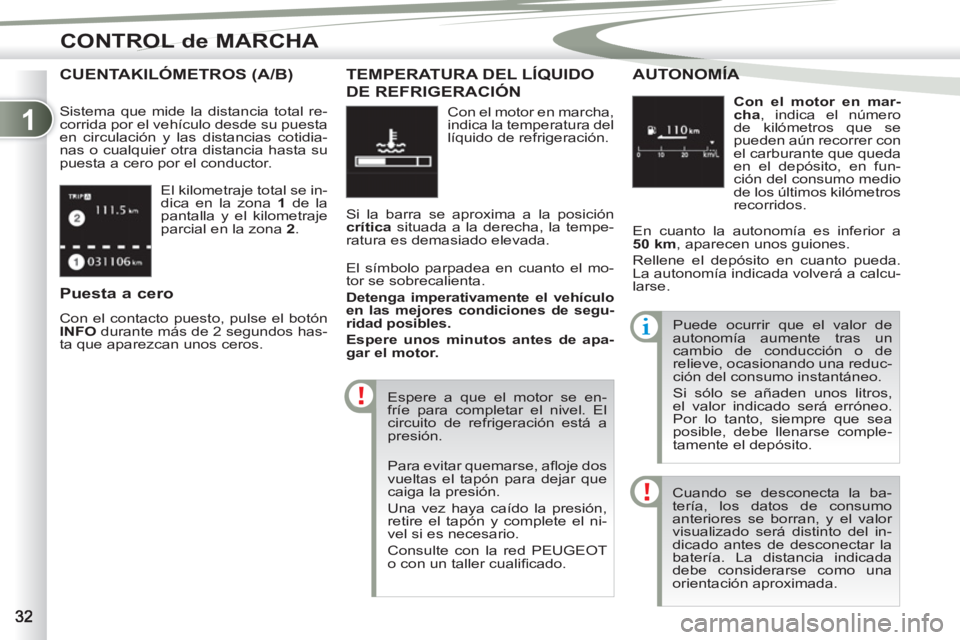 PEUGEOT 4007 2012 Manual del propietario (in Spanish) 1
CONTROL de MARCHA
El kilometraje total se in-
dica en la zona 1
de la
pantalla y el kilometraje
parcial en la zona 2
.
CUENTAKILÓMETROS (A/B)
Sistema que mide la distancia total re-
cor PEUGEOT 4007 2012 Manual del propietario (in Spanish) 1
CONTROL de MARCHA
El kilometraje total se in-
dica en la zona 1
de la
pantalla y el kilometraje
parcial en la zona 2
.
CUENTAKILÓMETROS (A/B)
Sistema que mide la distancia total re-
cor