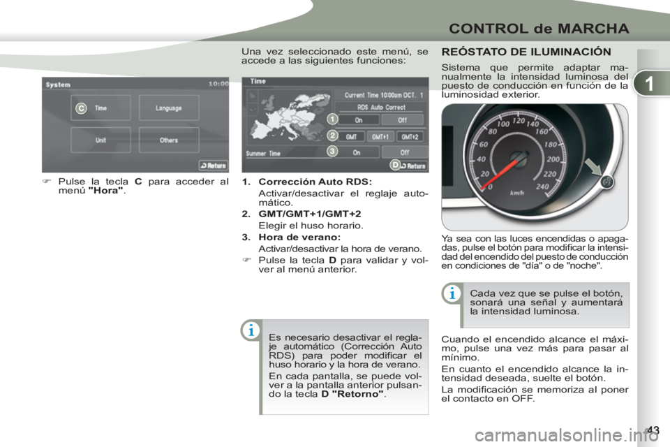 PEUGEOT 4007 2012  Manual del propietario (in Spanish) 1
CONTROL de MARCHA
   
 
1. 
  Corrección Auto RDS: 
   
  Activar/desactivar el reglaje auto-
mático. 
   
2. 
  GMT/GMT+1/GMT+2 
   
  Elegir el huso horario. 
   
3. 
  Hora de verano: 
   
  Ac