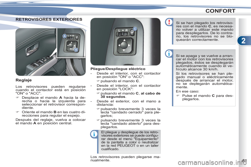 PEUGEOT 4007 2012  Manual del propietario (in Spanish) 2
CONFORT
TROVISORES EXTERIORES RETROVISORES EXTERIO
   
 
 
 
 
 
 
Pliegue/Despliegue eléctrico 
   
 
-   Desde el interior, con el contactor 
en posición "ON" o "ACC": 
   
 
�) 
 pulsando el ma