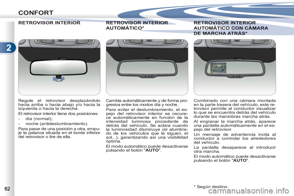 PEUGEOT 4007 2012  Manual del propietario (in Spanish) 2
CONFORT
RETROVISOR INTERIOROR
   
Regule el retrovisor desplazándolo 
hacia arriba o hacia abajo y/o hacia la 
izquierda o hacia la derecha. 
  El retrovisor interior tiene dos posiciones: 
   
 
-