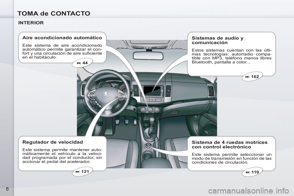 PEUGEOT 4007 2012  Manual del propietario (in Spanish) TOMA de CONTACTO
8
   
INTERIOR  
   
Aire acondicionado automático 
 
Este sistema de aire acondicionado 
automático permite garantizar el con-
fort y una circulación de aire suﬁ ciente 
en el h