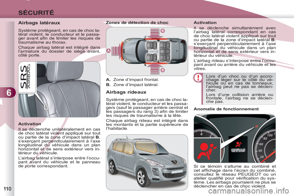PEUGEOT 4007 2012  Manuel du propriétaire (in French) 6
SÉCURITÉ
   
 
 
 
 
 
Airbags latéraux 
 
Système protégeant, en cas de choc la-
téral violent, le conducteur et le passa-
ger avant aﬁ n de limiter les risques de 
traumatisme au thorax. 
