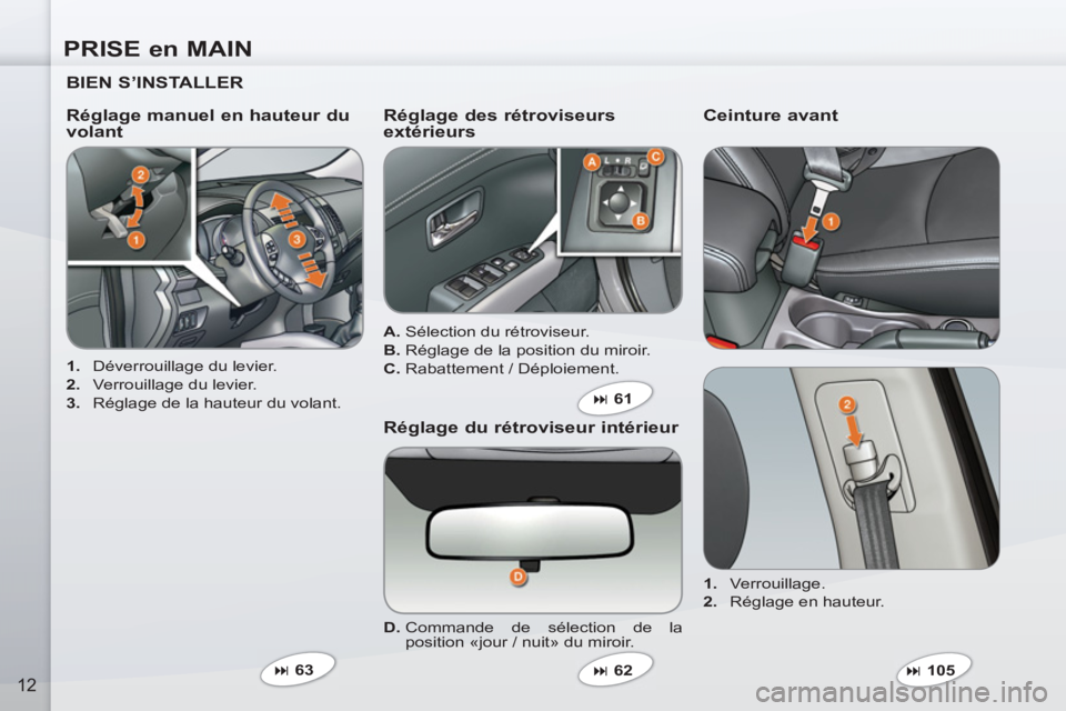 PEUGEOT 4007 2012  Manuel du propriétaire (in French) PRISE en MAIN
12
   
BIEN S’INSTALLER  
 
 
 
1. 
  Déverrouillage du levier. 
   
2. 
  Verrouillage du levier. 
   
3. 
  Réglage de la hauteur du volant.  
 
 
Réglage manuel en hauteur du 
vo