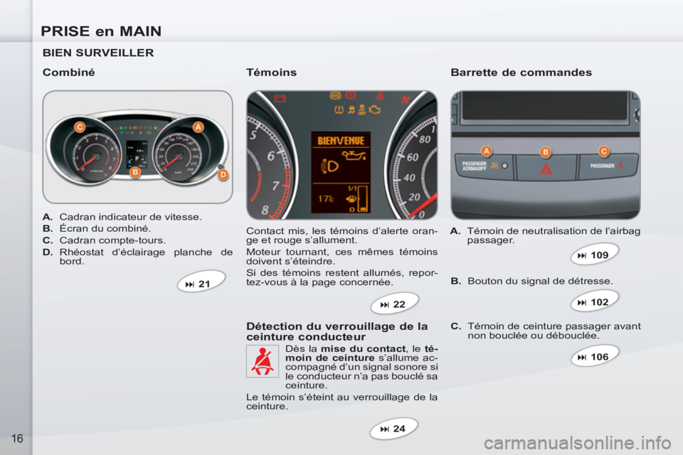 PEUGEOT 4007 2012  Manuel du propriétaire (in French) PRISE en MAIN
16
   
BIEN SURVEILLER  
   
Combiné   
Barrette de commandes 
 
Contact mis, les témoins d’alerte oran-
ge et rouge s’allument. 
  Moteur tournant, ces mêmes témoins 
doivent s
