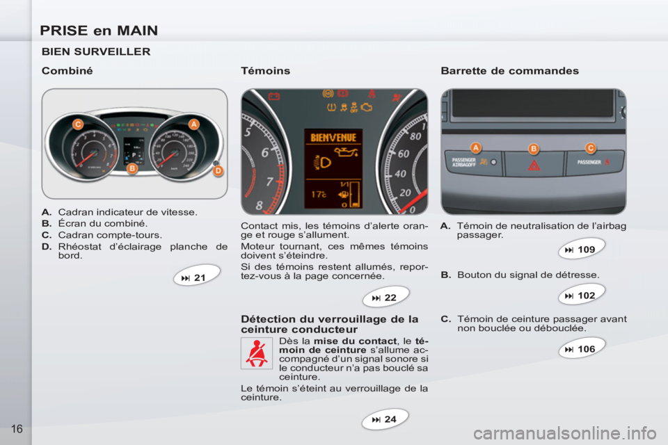 PEUGEOT 4007 2012  Manuel du propriétaire (in French) PRISE en MAIN
16
   
BIEN SURVEILLER  
   
Combiné   
Barrette de commandes 
 
Contact mis, les témoins d’alerte oran-
ge et rouge s’allument. 
  Moteur tournant, ces mêmes témoins 
doivent s�