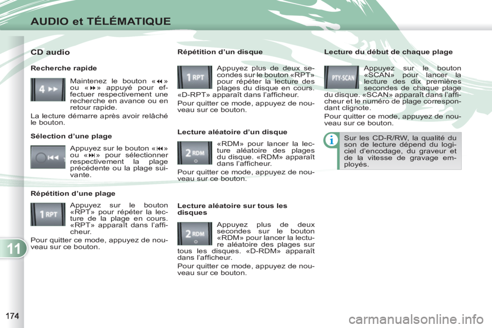 PEUGEOT 4007 2012 Manuel du propriétaire (in French) 11
AUDIO et TÉLÉMATIQUE
Lecture du début de chaque plage
Appuyez sur le bouton
«SCAN» pour lancer la
lecture des dix premières
secondes de chaque plage
du disque. «SCAN» apparaît d PEUGEOT 4007 2012 Manuel du propriétaire (in French) 11
AUDIO et TÉLÉMATIQUE
Lecture du début de chaque plage
Appuyez sur le bouton
«SCAN» pour lancer la
lecture des dix premières
secondes de chaque plage
du disque. «SCAN» apparaît d