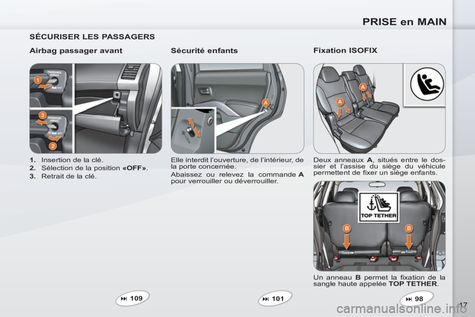 PEUGEOT 4007 2012  Manuel du propriétaire (in French) PRISE en MAIN
17
   
SÉCURISER LES PASSAGERS  
   
Airbag passager avant    
Sécurité enfants 
 
 
 
1. 
  Insertion de la clé. 
   
2. 
  Sélection de la position  «OFF» 
. 
   
3. 
  Retrait 